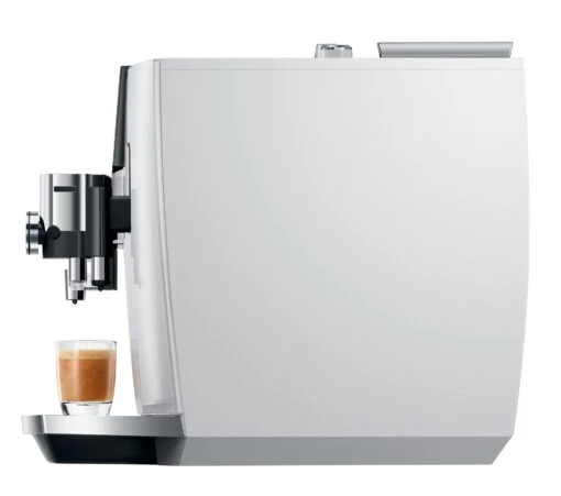 JURA J8 Twin Diamond White (EA) Met €78 Gratis Koffie En Glazen Melkhouder En 2+1 Jaar Extra Garantie -Koffie Korting Winkel Jura J8 Twin Diamond White zijkant