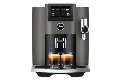 JURA S8 Dark Inox (EB) Met €78 Gratis Koffie En 2+1 Jaar Extra Garantie -Koffie Korting Winkel Jura S8 EB Dark Inox koffiemachine voorkant